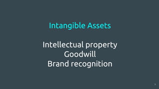 Intangible Assets
Intellectual property
Goodwill
Brand recognition
9
 