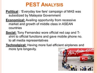 PEST ANALYSIS
Political : ‘Everyday low fare’ campaign of MAS was
  subsidized by Malaysia Government
Economical: Availing opportunity from recessive
  market and growth of middle class in ASEAN
  countries
Social: Tony Fernandez wore official red cap and T-
  shirt to official functions and gave mobile phone no.
  to all media representatives
Technolgical: Having more fuel efficient airplanes and
  more tyre longevity.
 