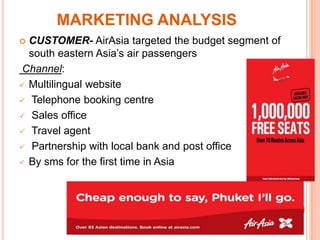 MARKETING ANALYSIS
 CUSTOMER- AirAsia targeted the budget segment of
  south eastern Asia’s air passengers
Channel:
 Multilingual website

 Telephone booking centre

 Sales office

 Travel agent

 Partnership with local bank and post office

 By sms for the first time in Asia
 