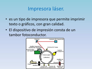 Impresora láser.
• es un tipo de impresora que permite imprimir
  texto o gráficos, con gran calidad.
• El dispositivo de impresión consta de un
  tambor fotoconductor.
 