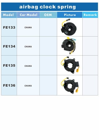 airbag clock spring
Model Car Model Picture RemarkOEM
FE133
FE134
FE135
FE136 CHANA
CHANA
CHANA
CHANA
 