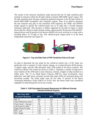 ARS Final Report
The results of the intrusion simulation study showed that the 35 mph centerline pole
resulted in intrusion within the 40 mph vehicle to barrier IIHS ODB “good” region. The
40 mph centerline pole intrusion simulation predicted intrusion in the 40 mph vehicle to
barrier IIHS ODB “acceptable” and “marginal” regions. Thus, in an effort to minimize
the role intrusion may play in the measured ATD responses, the ARSC and NHTSA
jointly agreed to specify the vehicle-to-pole test at 35 mph into a 10-inch diameter
stationary rigid pole. This decision is further supported by the data in Figure 2 which
shows that for vehicle-to-object frontal crashes, approximately 90 percent of the MAIS3+
injured drivers and 98 percent of all drivers (MAIS 0-6) were involved in a crash with a
recorded delta-v of 35 mph or less. The vehicle-to-pole impact point is at the front
longitudinal centerline (see Figure 9).
11
Figure 9 - Top and Side View of PVP Centerline Pole at 35 mph
In order to determine the test mode for the vehicle-to-vehicle test, a CAE study was
performed with a constant 35 mph velocity change, an overlap between 40-80 percent,
15 degree angle, and the 50th percentile male ATD seated in the driver position. The
vehicle-to-vehicle CAE results are shown in Table 5. Typically, a smaller overlap led to
more rotation of the ATD and to more intrusion, whereas a higher overlap resulted in a
stiffer pulse. The 15 ms Head Injury Criterion (HIC15), chest acceleration, chest
deflection, and right lower extremity revised tibia index (RTI) all increased along with
increasing overlap. The femur loads were all less than 15 percent of the Injury
Assessment Reference Value (IARV) of 10 kN, thus, the femur loads were considered
negligible for determining the worst-case overlap.
Table 5 - CAE Simulated Occupant Responses for Different Overlap
Vehicle-to-Vehicle Impacts
50th Male HIII
Occupant Response
Overlap
40% 50% 65% 80%
HIC 15 204 239 350 588
Chest Deflection (mm) 29 30 34 36
Chest Accel – 3ms (g) 40 46 49 49
Left Femur Fz (kN) 1.24 1.27 1.21 0.82
Right Femur Fz (kN) 1.24 1.27 1.21 0.82
RTI - Left 1.08 1.00 1.27 1.21
RTI - Right 1.20 1.20 1.39 1.57
 