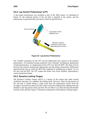 ARS Final Report
36
6.6.4 Lap Anchor Pretensioner (LPT)
A lap anchor pretensioner was included as part of the ARS system. As illustrated in
Figure 32, the outboard portion of the lap belt is attached to the anchor, and the
pretensioner is pyrotechnically activated to cinch the lap belt down.
Figure 32 - Lap Anchor Pretensioner
The “tunable” parameter for the LPT was the deployment time relative to the retractor
pretensioner. Two potential tuning conditions were evaluated: simultaneous deployment
of both pretensioners, or a deployment of the LPT 6 ms after the RPT. The delay of 6 ms
between the retractor pretensioner deployment and lap anchor pretensioner deployment
represented the time at which the RPT had completed its webbing pay-in phase. As was
the case with the RPT, the LPT output and stroke were fixed variables, representing a
current production design.
6.6.5 Dynamic Locking Tongue
The Dynamic Locking Tongue (DLT) is a feature of the tongue that under normal
conditions functions as a standard, free-falling latch. However, when the lap portion of
the seat belt is loaded during a crash event from the pretensioner and/or from the
occupant’s forward movement, the DLT locks to prevent webbing from slipping from the
shoulder to the lap portion of the seat belt. The net effect is to isolate the lap and shoulder
sections of the seat belt. Figure 33 illustrates components of the dynamic locking tongue.
 
