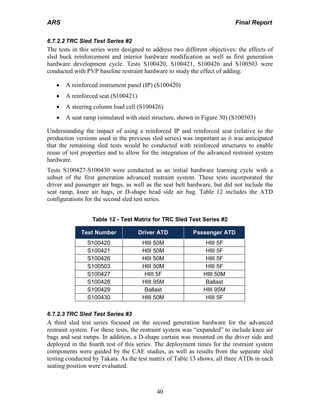 ARS Final Report
40
6.7.2.2 TRC Sled Test Series #2
The tests in this series were designed to address two different objectives: the effects of
sled buck reinforcement and interior hardware modification as well as first generation
hardware development cycle. Tests S100420, S100421, S100426 and S100503 were
conducted with PVP baseline restraint hardware to study the effect of adding:
• A reinforced instrument panel (IP) (S100420)
• A reinforced seat (S100421)
• A steering column load cell (S100426)
• A seat ramp (simulated with steel structure, shown in Figure 30) (S100503)
Understanding the impact of using a reinforced IP and reinforced seat (relative to the
production versions used in the previous sled series) was important as it was anticipated
that the remaining sled tests would be conducted with reinforced structures to enable
reuse of test properties and to allow for the integration of the advanced restraint system
hardware.
Tests S100427-S100430 were conducted as an initial hardware learning cycle with a
subset of the first generation advanced restraint system. These tests incorporated the
driver and passenger air bags, as well as the seat belt hardware, but did not include the
seat ramp, knee air bags, or D-shape head side air bag. Table 12 includes the ATD
configurations for the second sled test series.
Table 12 - Test Matrix for TRC Sled Test Series #2
Test Number Driver ATD Passenger ATD
S100420 HIII 50M HIII 5F
S100421 HIII 50M HIII 5F
S100426 HIII 50M HIII 5F
S100503 HIII 50M HIII 5F
S100427 HIII 5F HIII 50M
S100428 HIII 95M Ballast
S100429 Ballast HIII 95M
S100430 HIII 50M HIII 5F
6.7.2.3 TRC Sled Test Series #3
A third sled test series focused on the second generation hardware for the advanced
restraint system. For these tests, the restraint system was “expanded” to include knee air
bags and seat ramps. In addition, a D-shape curtain was mounted on the driver side and
deployed in the fourth test of this series. The deployment times for the restraint system
components were guided by the CAE studies, as well as results from the separate sled
testing conducted by Takata. As the test matrix of Table 13 shows, all three ATDs in each
seating position were evaluated.
 