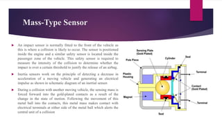 Mass-Type Sensor
 An impact sensor is normally fitted to the front of the vehicle as
this is where a collision is likely to occur. The sensor is positioned
inside the engine and a similar safety sensor is located inside the
passenger zone of the vehicle. This safety sensor is required to
measure the intensity of the collision to determine whether the
impact is over a certain threshold to justify the release of an airbag.
 Inertia sensors work on the principle of detecting a decrease in
acceleration of a moving vehicle and generating an electrical
impulse as shown in schematic diagram of an inertial sensor.
 During a collision with another moving vehicle, the sensing mass is
forced forward into the gold-plated contacts as a result of the
change in the state of motion. Following the movement of this
metal ball into the contacts, this metal mass makes contact with
electrical terminals at either side of the metal ball which alerts the
central unit of a collision
 