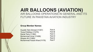 AIR BALLOONS (AVIATION)
AIR BALLOONS OPERATIONS IN GENERAL AND ITS
FUTURE IN PAKISTAN AVIATION INDUSTRY
Group Member Names:
Huzaifa Tahir Ahmed (11357)
Yousuf Siddiqui (11274)
Danial Tariq (11382)
Muhammad Umar (11406)
Shayan Ali (11065)
Muhammad Faizan Khan(11179)
Part A
Part B
Part C
Part D
Part E
Part F
 