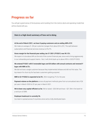 Progress so far
You will get a good sense of the business we’re building from the metrics deck and operating model that
will be shared with you.
Here is a high-level summary of how we’re doing
At the end of March 2021, we have X paying customers and an ending ARR of $Y.
We make an average of ~$X per customer (ranges from about $X to $Y). The split between
subscription and financial services revenue is X%/Y%.
Gross margin for the financial year ending Jan 31 2021 (FY2021) was 90.12%.
We expect it to be about 84% at the end of the current financial year, since we’re hiring aggressively
in our onboarding and support teams. But, it will climb back up to above 90% in 2022/FY2023.
We entered FY2021 with X renewable logos and $X dollars with annual contracts and renewed Y
logos with NRR of Z%.
We did not lose a single customer because they implemented Airbase and did not find value. The
top reason for churn by far has been customers getting acquired.
NRR in Q1 FY2022 is expected to be X%. We’re targeting Y% for the year.
Payment volume on the platform across all payment methods grew from an annualized rate of $X
per year in March 2020 to $Y per year in March 2021.
We’ve been very capital-efficient so far. We’ve raised ~$30.5M and have ~$21.5M in the bank for
a net burn of $9M.
Employee headcount is currently 96.
Our team is spread across 9 countries since we’re a fully distributed team.
Airbase Series B Memo 10
 