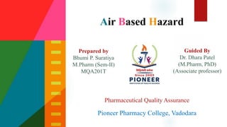 Air Based Hazards
Prepared by
Bhumi P. Suratiya
M.Pharm (Sem-II)
MQA201T
Guided By
Dr. Dhara Patel
(M.Pharm, PhD)
(Associate professor)
Pharmaceutical Quality Assurance
Pioneer Pharmacy College, Vadodara
 
