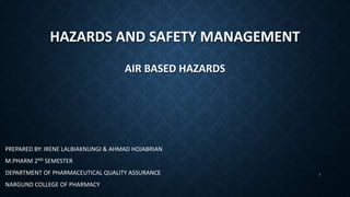 HAZARDS AND SAFETY MANAGEMENT
AIR BASED HAZARDS
PREPARED BY: IRENE LALBIAKNUNGI & AHMAD HOJABRIAN
M.PHARM 2ND SEMESTER
DEPARTMENT OF PHARMACEUTICAL QUALITY ASSURANCE
NARGUND COLLEGE OF PHARMACY
1
 