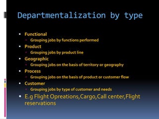 Departmentalization by type
 Functional
 Grouping jobs by functions performed

 Product
 Grouping jobs by product line

 Geographic
 Grouping jobs on the basis of territory or geography

 Process
 Grouping jobs on the basis of product or customer flow

 Customer
 Grouping jobs by type of customer and needs

 E.g Flight Opreations,Cargo,Call center,Flight
reservations

 