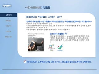 • 에어비앤비의
상황분석
•
목표설정
•
타겟분석
•

컨셉도출
•
캠페인내용

전세계여유공간을가진사람들과숙박할곳을찾는사람들을연결해주는마켓 플레이스
• 한국에 있는 리스팅 +1300개 달성
• 2012년 한 해 한국시장 800% 성장, 총 76개 국가에서 에어비앤비를 통해 한국방문, 한국
방문 게스트 수 1,100% 증가
• 에어비앤비, 본격 한국진출로 동북아시아 서비스 지원 확대

왜 한국에진출했는가?

•모바일 유저가 많다. = airbnb의 잠재적 이용자가 많다.
•국제적 행사가 많다. = 수요의 전망이 밝은 시장이다.
•한국시장은 물론 아시아 시장개척으로 이어지기 위해
서

• 에어비앤비는 또한번의도약을위해 아시아시장진출의발판으로한국에상륙하였다.

 
