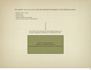 My	 solution	 was	 to	 run	 cron	 jobs	 that	 queried	 the	 database	 for	 the	 following	 criteria:
-	 Number	 of	 new	 users.
-	 Active	 users.
-	 Inactive	 users.
-	 Feature	 adoption	 and	 usage.
-	 User	 personas	 based	 on	 financial	 data.




                            Fed	 into	 life	 cycle	 marketing	 and	 built	 additional	 features	 to	 
                            increase	 engagement,	 retention	 &	 monetization	 of	 users.




                                    Email & Sms Alerts
                                  weekly summary emails
                           recommendations for ﬁnancial products




                                                                                                        8
 