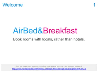 Welcome 1
AirBed&Breakfast
Book rooms with locals, rather than hotels.
This is a PowerPoint reproduction of an early AirBnB pitch deck via Business Insider @
http://www.businessinsider.com/airbnb-a-13-billion-dollar-startups-first-ever-pitch-deck-2011-9
 