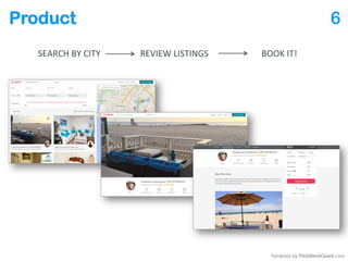 Product 6
REVIEW LISTINGS
Template by PitchDeckCoach.com
SEARCH BY CITY BOOK IT!
 