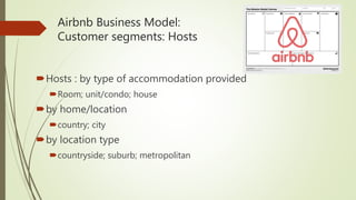Airbnb Business Model:
Customer segments: Hosts
Hosts : by type of accommodation provided
Room; unit/condo; house
by home/location
country; city
by location type
countryside; suburb; metropolitan
 