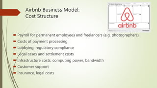 Airbnb Business Model:
Cost Structure
 Payroll for permanent employees and freelancers (e.g. photographers)
 Costs of payment processing
 Lobbying, regulatory compliance
 Legal cases and settlement costs
 Infrastructure costs, computing power, bandwidth
 Customer support
 Insurance, legal costs
 