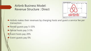 Airbnb Business Model:
Revenue Structure : Direct
 Airbnb makes their revenues by charging hosts and guest a service fee per
transaction:
 Rental guests pay 5-15%
 Rental hosts pay 3-5%
 Event hosts pay 20%
 Event guests pay 0%
 