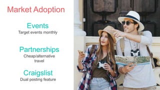 Market Adoption
Events
Target events monthly
Partnerships
Cheap/alternative
travel
Craigslist
Dual posting feature
 