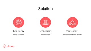 Solution
Make money Share cultureSave money
When travelling When hosting Local connection to the city
 