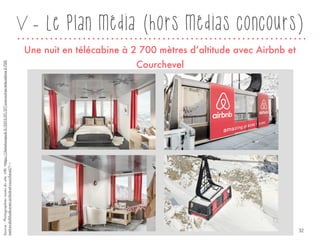 V - Le plan média (hors médias concours)
Une nuit en télécabine à 2 700 mètres d’altitude avec Airbnb et
Courchevel
Source:Photographiesissuesdusite,URL<https://iletaitunepub.fr/2015/01/27/une-nuit-en-telecabine-2-700-
metres-daltitude-avec-airbnb-et-courchevel/>« 
32
 