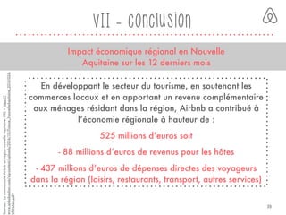 VII - conclusion
En développant le secteur du tourisme, en soutenant les
commerces locaux et en apportant un revenu complémentaire
aux ménages résidant dans la région, Airbnb a contribué à
l’économie régionale à hauteur de :
525 millions d’euros soit
- 88 millions d’euros de revenus pour les hôtes
- 437 millions d’euros de dépenses directes des voyageurs
dans la région (loisirs, restaurants, transport, autres services)
Impact économique régional en Nouvelle
Aquitaine sur les 12 derniers mois
Sources:LacommunautéAirbnbenrégionnouvelleAquitaine,URL<https://
www.airbnbaction.com/wp-content/uploads/2016/10/France_NouvelleAquitaine_20161026-
VFINALE.pdf>
39
 