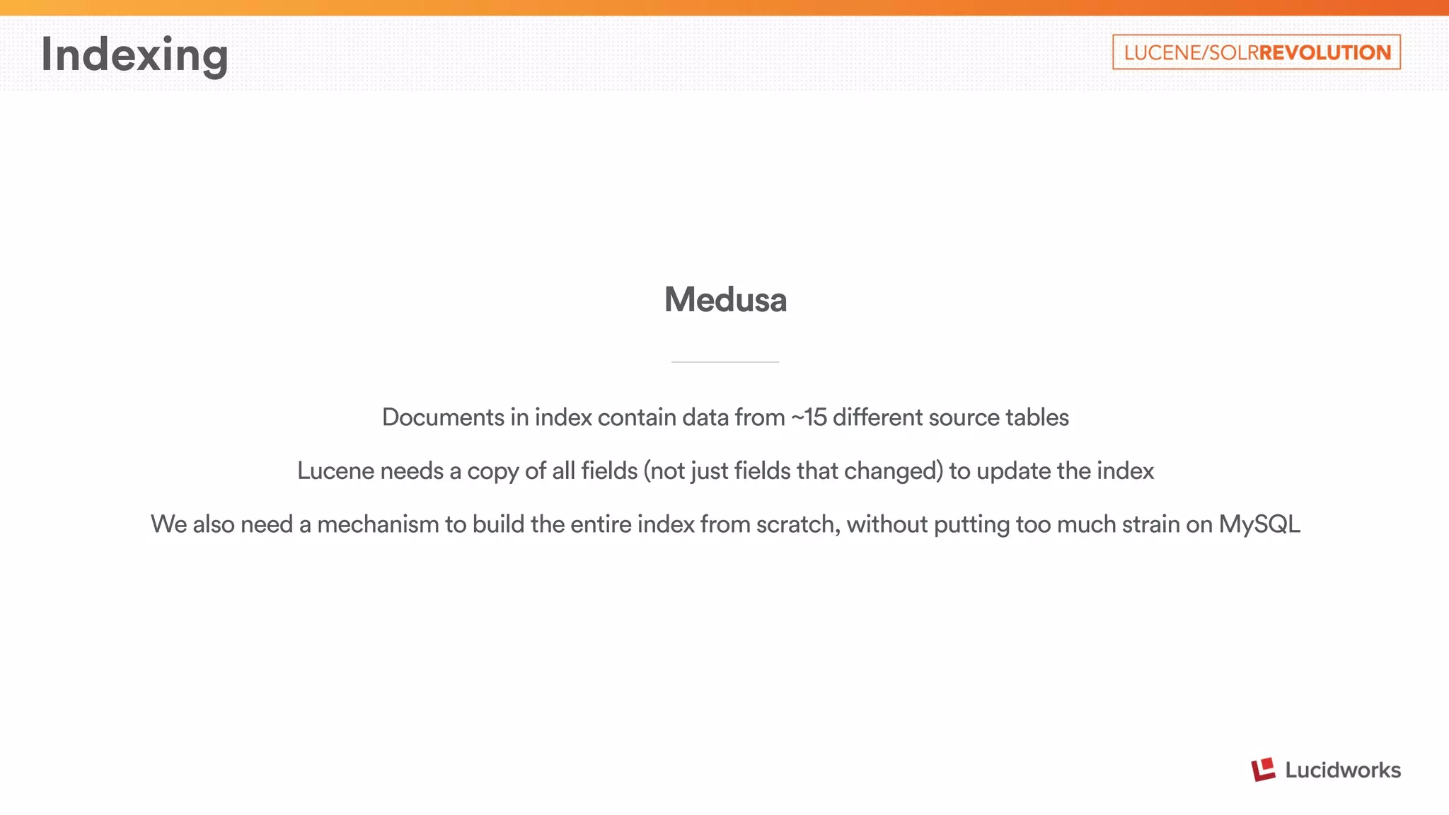 Indexing 
Medusa 
____________________________ 
Documents in index contain data from ~15 different source tables 
Lucene needs a copy of all fields (not just fields that changed) to update the index 
We also need a mechanism to build the entire index from scratch, without putting too much strain on MySQL 
 