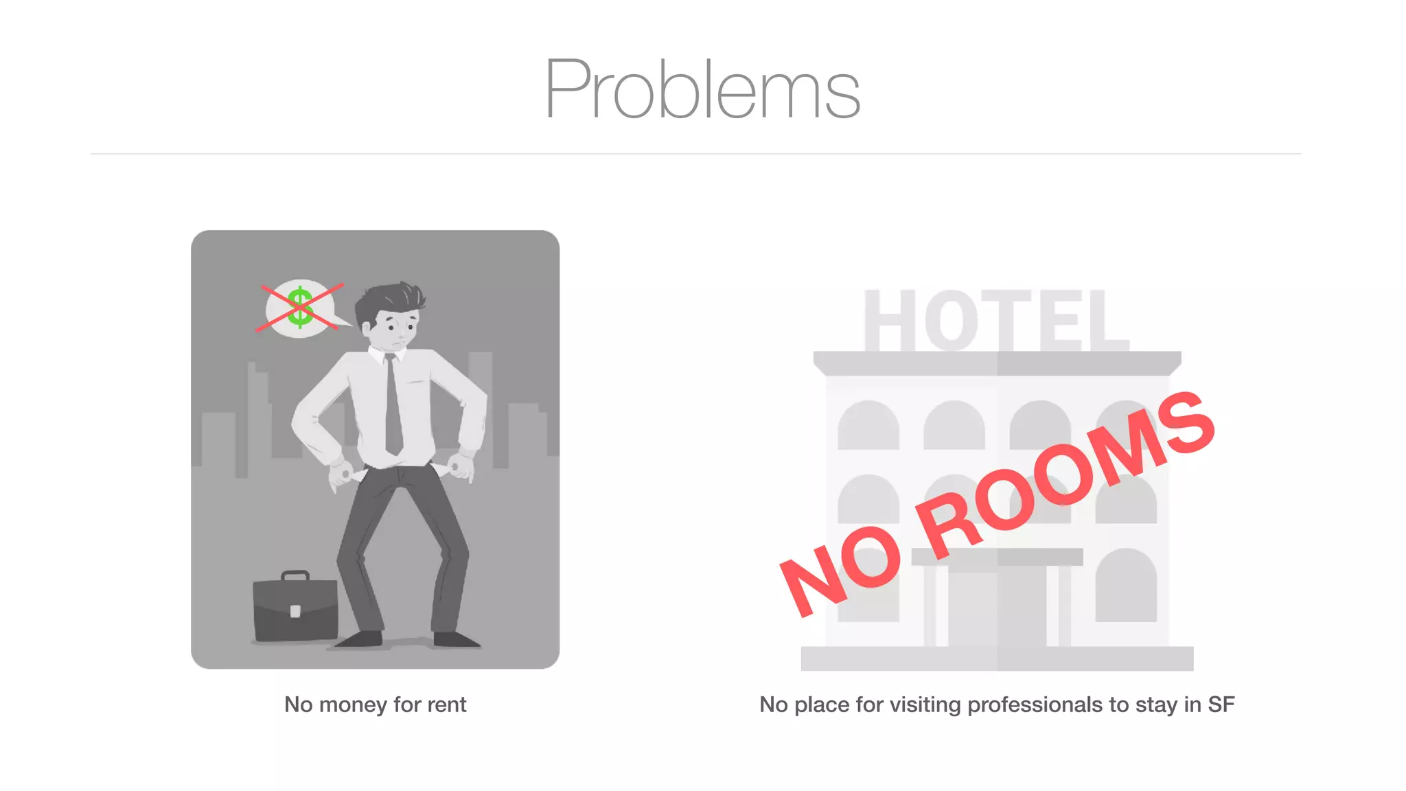 Problems
NO ROOMS
$
No money for rent No place for visiting professionals to stay in SF
 