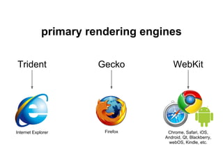 primary rendering engines

Trident                Gecko           WebKit




Internet Explorer       Firefox     Chrome, S...