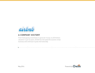 From hand gluing cereal boxes to generate money, to a $10 billion
valuation in just six years, Airbnb has disrupted the vacation rental
business and continues to grow internationally.
A COMPANY HISTORY
May 2014 Powered by
 