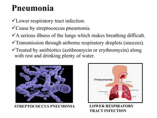 Pneumonia
Lower respiratory tract infection.
Cause by streptococcus pneumonia.
A serious illness of the lungs which makes breathing difficult.
Transmission through airborne respiratory droplets (sneezes).
Treated by antibiotics (azithromycin or erythromycin) along
with rest and drinking plenty of water.
STREPTOCOCCUS PNEUMONIA LOWER RESPIRATORY
TRACT INFECTION
 