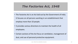 The Factories Act, 1948
• The Factories Act is an Act laid out by the Government of India.
It focuses on all persons working in an establishment that
employs more than 10 people.
• It provides various directions to maintain the health of all
employees.
• Certain sections of the Act focus on ventilation, management of
dust, and use of personal protective equipment.
GEN. PRINCIPLES-AIRBORNE DISEASES 39
 