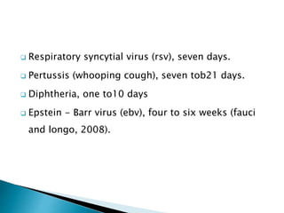  Respiratory syncytial virus (rsv), seven days.
 Pertussis (whooping cough), seven tob21 days.
 Diphtheria, one to10 days
 Epstein - Barr virus (ebv), four to six weeks (fauci
and longo, 2008).
 