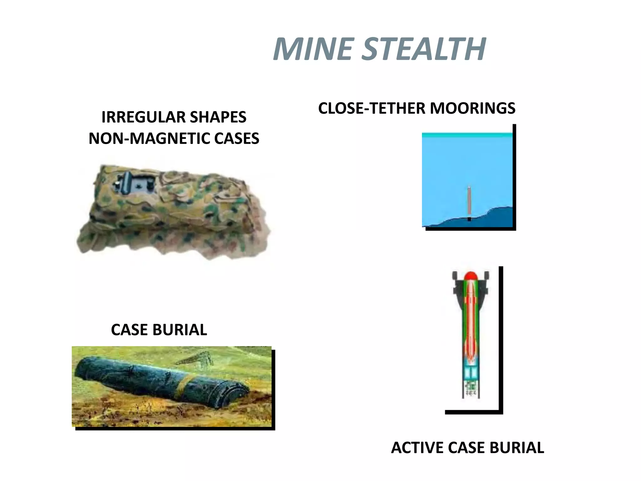 MINE STEALTH
 IRREGULAR SHAPES      CLOSE-TETHER MOORINGS
NON-MAGNETIC CASES




  CASE BURIAL




                              ACTIVE CASE BURIAL
 