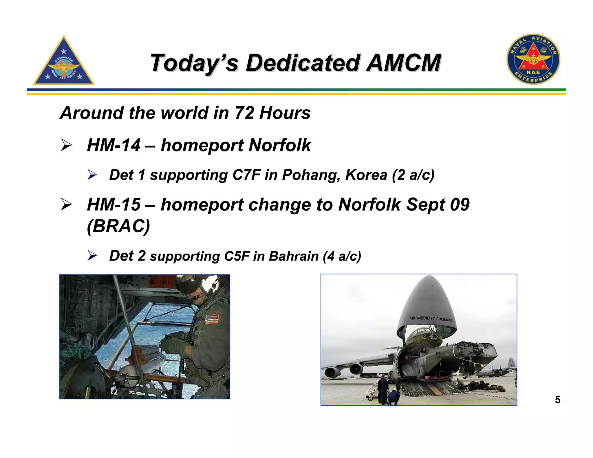 Today’s Dedicated AMCM

Around the world in 72 Hours
   HM-14 – homeport Norfolk
     Det 1 supporting C7F in Pohang, Korea (2 a/c)

   HM-15 – homeport change to Norfolk Sept 09
   (BRAC)
     Det 2 supporting C5F in Bahrain (4 a/c)




                                                     5
 