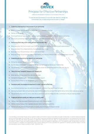 Crivex Document # 44.01/10.13
REF: Carta de Intenções e Pré-Proposta
AT: Victor Salviati e João Tezza - FAS
Rua Humaitá, 381 – Cj. 41 |
Principles for Effective Partnerships
Principles for Effective Partnerships
Principles for Effective Partnerships
Principles for Effective Partnerships
Adapted from the Independent Commission for Good Governance in Public Service.
Adapted from the Independent Commission for Good Governance in Public Service.
Adapted from the Independent Commission for Good Governance in Public Service.
Adapted from the Independent Commission for Good Governance in Public Service.
"To practise good gove
"To practise good gove
"To practise good gove
"To practise good gove
communicate well, include everyone and be open to change."
communicate well, include everyone and be open to change."
communicate well, include everyone and be open to change."
communicate well, include everyone and be open to change."
1.
1.
1.
1. Collective understanding of the purpose of your partnership
Collective understanding of the purpose of your partnership
Collective understanding of the purpose of your partnership
Collective understanding of the purpose of your partnership
• Being clear about the purpose of the partnership and its intended outcomes.
• Sharing vision & values.
• Ensuring partners actively commit to working together and are responsible for the work of the partnership.
• Ensuring the partnership's aims are consistent with other plans and priorities.
2.
2.
2.
2. Performing effectively within clearly defined funct
Performing effectively within clearly defined funct
Performing effectively within clearly defined funct
Performing effectively within clearly defined funct
• Being clear about the functions and roles of the partnership ensuring effective delivery and implementation.
• Being clear about the complementarity of purpose and value added.
• Being clear about the partnership's links to other partnerships.
• Being clear about the partnership's lines of responsibility and ensuring these are made clear to the people involved.
3.
3.
3.
3. Establishing and promoting the values of your partnership
Establishing and promoting the values of your partnership
Establishing and promoting the values of your partnership
Establishing and promoting the values of your partnership
• Putting the values of the partnership into practice.
• Partners show commitment to the partnership by ensuring the appropriate level of membership.
• The partnership communicates effectively to people outside the partnership and promotes what they do.
4.
4.
4.
4. Taking informed, transparent decisions and managing risk
Taking informed, transparent decisions and managing risk
Taking informed, transparent decisions and managing risk
Taking informed, transparent decisions and managing risk
• Being rigorous and clear about how decisions are taken.
• Having and using good quality information, advice and support.
• Ensuring that an effective risk management system is in operation.
5.
5.
5.
5. Developing skills, knowledge and experience in order to govern effectively
Developing skills, knowledge and experience in order to govern effectively
Developing skills, knowledge and experience in order to govern effectively
Developing skills, knowledge and experience in order to govern effectively
• Ensuring that all partners have the skills, knowledge and experience they need to perform well.
• Developing people’s skills with partnership responsibilities,
• The partnership has a learning culture which al
6.
6.
6.
6. Engaging all partners eq
Engaging all partners eq
Engaging all partners eq
Engaging all partners equally and making accountability
ually and making accountability
ually and making accountability
ually and making accountability
• Partners feel they have equal influence and power within the partnership.
• Partner members ensure their organisational plans reflect partnership priorities.
• Partners actively promote the principles of equality and diversity across the partnership.
* Accountability is the processes through which an organisation makes a commitment to respond to and balance the
activities, and delivers against this commitment. It is not only the means through which individuals and organisations are he
the means by which they take internal responsibility for shaping their organisational mission and values, for opening themselves to externa
performance in relation to goals. Accountability has beneficial effects not only for an organisation’s
culture and practice of compliance with organisational policies, it advances learning and innovation, and enables the organis
and external actors. Source: Global Accountability Project
14.020-680 - Ribeirão Preto – SP Brazil | F: +55 11 3043 2716
Principles for Effective Partnerships
Principles for Effective Partnerships
Principles for Effective Partnerships
Principles for Effective Partnerships
Adapted from the Independent Commission for Good Governance in Public Service.
Adapted from the Independent Commission for Good Governance in Public Service.
Adapted from the Independent Commission for Good Governance in Public Service.
Adapted from the Independent Commission for Good Governance in Public Service.
"To practise good gove
"To practise good gove
"To practise good gove
"To practise good governance is to provide clear direction, manage risk,
rnance is to provide clear direction, manage risk,
rnance is to provide clear direction, manage risk,
rnance is to provide clear direction, manage risk,
communicate well, include everyone and be open to change."
communicate well, include everyone and be open to change."
communicate well, include everyone and be open to change."
communicate well, include everyone and be open to change."
Collective understanding of the purpose of your partnership
Collective understanding of the purpose of your partnership
Collective understanding of the purpose of your partnership
Collective understanding of the purpose of your partnership
Being clear about the purpose of the partnership and its intended outcomes.
Ensuring partners actively commit to working together and are responsible for the work of the partnership.
Ensuring the partnership's aims are consistent with other plans and priorities.
Performing effectively within clearly defined funct
Performing effectively within clearly defined funct
Performing effectively within clearly defined funct
Performing effectively within clearly defined functions and roles
ions and roles
ions and roles
ions and roles
Being clear about the functions and roles of the partnership ensuring effective delivery and implementation.
Being clear about the complementarity of purpose and value added.
Being clear about the partnership's links to other partnerships.
eing clear about the partnership's lines of responsibility and ensuring these are made clear to the people involved.
Establishing and promoting the values of your partnership
Establishing and promoting the values of your partnership
Establishing and promoting the values of your partnership
Establishing and promoting the values of your partnership
Putting the values of the partnership into practice.
the partnership by ensuring the appropriate level of membership.
The partnership communicates effectively to people outside the partnership and promotes what they do.
Taking informed, transparent decisions and managing risk
Taking informed, transparent decisions and managing risk
Taking informed, transparent decisions and managing risk
Taking informed, transparent decisions and managing risk
ow decisions are taken.
Having and using good quality information, advice and support.
Ensuring that an effective risk management system is in operation.
Developing skills, knowledge and experience in order to govern effectively
Developing skills, knowledge and experience in order to govern effectively
Developing skills, knowledge and experience in order to govern effectively
Developing skills, knowledge and experience in order to govern effectively
have the skills, knowledge and experience they need to perform well.
th partnership responsibilities, judging the quality of their performance, both as individuals and as a group.
The partnership has a learning culture which allows partners to gain knowledge and skills, committed to the joint learning indeed.
ually and making accountability
ually and making accountability
ually and making accountability
ually and making accountability real
real
real
real*
*
*
*
Partners feel they have equal influence and power within the partnership.
isational plans reflect partnership priorities.
Partners actively promote the principles of equality and diversity across the partnership.
* Accountability is the processes through which an organisation makes a commitment to respond to and balance the needs of stakeholders in its decision
activities, and delivers against this commitment. It is not only the means through which individuals and organisations are held responsible for their decisions and actions, but also
hich they take internal responsibility for shaping their organisational mission and values, for opening themselves to externa
performance in relation to goals. Accountability has beneficial effects not only for an organisation’s stakeholders, but for the organisation itself. Amongst others, it promotes a
culture and practice of compliance with organisational policies, it advances learning and innovation, and enables the organisation to maximise its potential in relation to intern
and external actors. Source: Global Accountability Project – One World Trust.
[14/16]
Ensuring partners actively commit to working together and are responsible for the work of the partnership.
Being clear about the functions and roles of the partnership ensuring effective delivery and implementation.
eing clear about the partnership's lines of responsibility and ensuring these are made clear to the people involved.
The partnership communicates effectively to people outside the partnership and promotes what they do.
judging the quality of their performance, both as individuals and as a group.
lows partners to gain knowledge and skills, committed to the joint learning indeed.
needs of stakeholders in its decision-making processes and
ld responsible for their decisions and actions, but also
hich they take internal responsibility for shaping their organisational mission and values, for opening themselves to external scrutiny and for assessing
stakeholders, but for the organisation itself. Amongst others, it promotes a
ation to maximise its potential in relation to internal
 