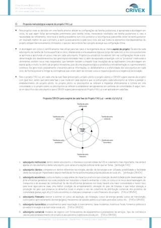 Crivex Document # 44.01/10.13
REF: Carta de Intenções e Pré-Proposta
AT: Victor Salviati e João Tezza - FAS
Rua Humaitá, 381 – Cj. 41 | 14.020-680 - Ribeirão Preto – SP Brazil | F: +55 11 3043 2716 [4/16]
D.
D.
D.
D. Proposta metodol
Proposta metodol
Proposta metodol
Proposta metodológica: a espiral do
ógica: a espiral do
ógica: a espiral do
ógica: a espiral do projeto
projeto
projeto
projeto FAS Luz
FAS Luz
FAS Luz
FAS Luz
Para projetos onde as decisões em uma tarefa anterior afetam as configurações de tarefas posteriores, é apropriada a abordagem em
ciclos, na qual sejam feitas aproximações preliminares para tarefas iniciais, mensurando resultados nas tarefas posteriores e, caso a
necessidade de refinamento, retorna-se à tarefa precedente num ciclo posterior e reconfigura-se, para então obter na tarefa posterior
um resultado melhor do que o primeiro, e assim sucessivamente a cada novo ciclo, até que todos os elementos interdependentes do
projeto estejam harmonicamente otimizados, o que por decorrência faz o projeto alcançar sua configuração ótima.
A abordagem em ciclos é cientificamente mais eficaz para tais casos e na engenharia ela se chama espiral de projeto
espiral de projeto
espiral de projeto
espiral de projeto. Ela aborda cada
subconjunto de tarefas de forma superficial no início, obedecendo a uma sequência lógica ao longo de cada ciclo, e nos ciclos posteriores
se aprimora e aprofunda um pouco mais em cada subconjunto. Projetos (ou produtos) inovadores têm nas configurações iniciais a pré-
determinação dos desdobramentos. Isso gera imprevisibilidade maior e, além da esperada competição com os “produtos” tradicionais e
dominantes, existem riscos mais inesperados, que também tendem a impedir boas inovações de se legitimarem. Uma abordagem em
espiral ajuda, e muito, no êxito de projetos inovadores, pois dá uma sequencia lógica e possibilita a retroalimentação e o aprimoramento
contínuos. Ela gera níveis gradualmente crescentes para as informações, os detalhamentos e a efetividade dos subconjuntos em cada
ciclo, de forma a prever e mitigar as contingências que viriam, além de otimizar custos e impactos (positivos e negativos) da inovação.
Para o projeto FAS luz, em cada uma de suas fases (pré-projeto, projeto piloto e projeto pleno), a CRIVEX sugere espirais de projeto
com igual teor, sendo que para cada fase o que muda em cada espiral é que, no pré-projeto, cada subconjunto se refere a planejar o
estabelecimento do projeto piloto, no projeto piloto os subconjuntos se referem a implantar efetivamente a turbina em uma
comunidade, e no projeto pleno os subconjuntos se referem a estabelecer aerogeradores em centenas de comunidades. A seguir, tem-
se um descritivo dos subconjuntos que a CRIVEX sugere para a espiral do Projeto FAS Luz a ser aplicada em cada fase.
Proposta CRIVEX para a e
Proposta CRIVEX para a e
Proposta CRIVEX para a e
Proposta CRIVEX para a espira
spira
spira
spiral de cada fase do
l de cada fase do
l de cada fase do
l de cada fase do Projeto FA
Projeto FA
Projeto FA
Projeto FAS Luz
S Luz
S Luz
S Luz –
–
–
– versão 10
versão 10
versão 10
versão 10/10/13
/10/13
/10/13
/10/13
1. subconjunto institucional
subconjunto institucional
subconjunto institucional
subconjunto institucional: dentro deste subconjunto, o interesse e a proatividade da FAS é o elemento mais importante, mas ainda é
apenas um dos elementos deste subconjunto, pois várias articulações públicas terão que ser feitas. [atribuição FAS]
2. s
s
s
subconjunto técnico
ubconjunto técnico
ubconjunto técnico
ubconjunto técnico: comparativos dentre diferentes tecnologias, decisão da tecnologia a ser utilizada, possibilidade e facilidade
desta tecnologia ser implantada e depois mantida de forma autônoma pelas próprias pessoas do local, etc. [atribuição CRIVEX]
3. subconjunto econômico
subconjunto econômico
subconjunto econômico
subconjunto econômico: custos evitados, ou seja, análise de impactos positivos que a inserção da eletricidade pode desencadear. Se
já há suficientes geradores nos locais, poderão ser reduzidos o impacto ambiental, o ruído, os custos e os riscos da armazenagem, do
transporte e de escassez de combustível. Se não há suficientes geradores nos locais, haverá uma maior comodidade e menor risco
para levar água para as casas, uma melhor condição de armazenamento, elevação do grau de limpeza, o que reduz doenças, a
produção de gelo que preserva os alimentos locais e amplia o raio de cobertura da distribuição comercial dos produtos da
comunidade (peixes, açaí, etc.). O custo econômico é vital para compensar o custo financeiro do projeto. [FAS e CRIVEX]
4. subconjunto financeiro
subconjunto financeiro
subconjunto financeiro
subconjunto financeiro: elencar e estimar os custos de aquisição, de instalação, custos da energia gerada, custos de manutenção,
custos para o aproveitamento da energia (gelo), mecanismos de subsídio público e privado para estes custos, etc. [FAS e CRIVEX]
5. subconjunto burocrático
subconjunto burocrático
subconjunto burocrático
subconjunto burocrático: procedimentos para importação e licenciamento, taxas incidentes, incentivos fiscais, fomentos públicos e
privados à inovação e ao bem estar social, etc. [FAS e CRIVEX]
6. subconjunto comercial
subconjunto comercial
subconjunto comercial
subconjunto comercial: modelos de negócio com fornecedores de equipamentos e prestadores de serviços , tipo de contratos e
valores para estabelecimento do projeto e seus parceiros, logística envolvida, etc. [FAS e CRIVEX]
 