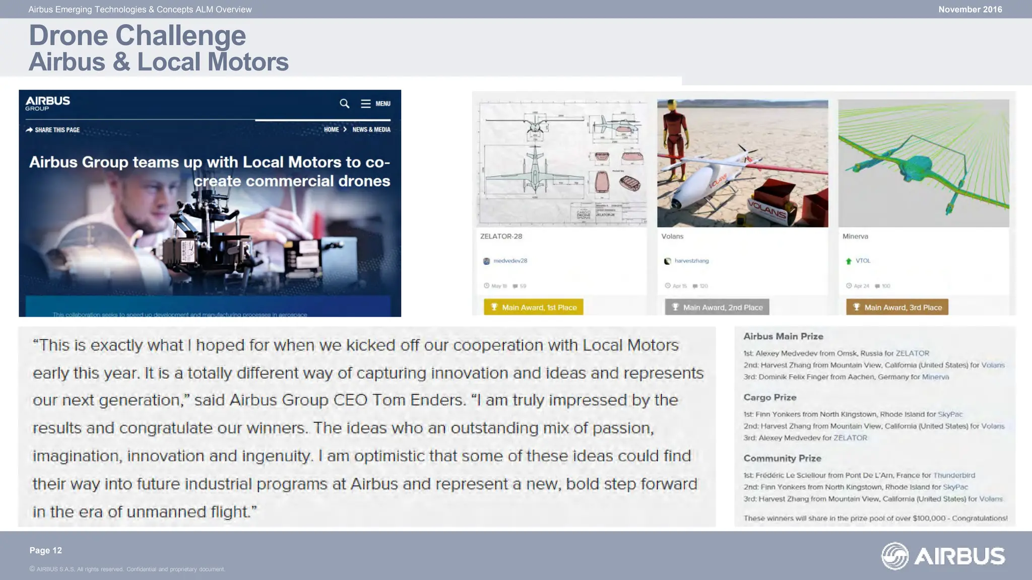© AIRBUS S.A.S. All rights reserved. Confidential and proprietary document.
Drone Challenge
Airbus & Local Motors
November 2016
Airbus Emerging Technologies & Concepts ALM Overview
Page 12
 
