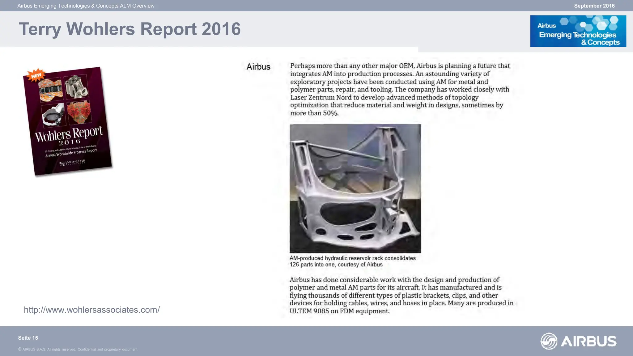 © AIRBUS S.A.S. All rights reserved. Confidential and proprietary document.
Airbus Emerging Technologies & Concepts ALM Overview September 2016
Seite 15
Terry Wohlers Report 2016
http://www.wohlersassociates.com/
 