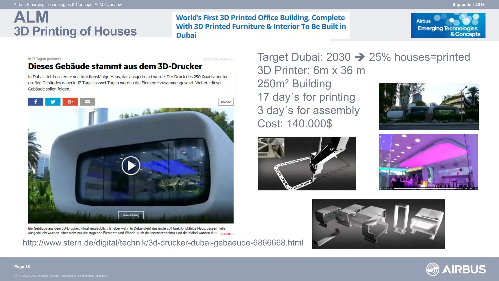 © AIRBUS S.A.S. All rights reserved. Confidential and proprietary document.
ALM
3D Printing of Houses
September 2016
Airbus Emerging Technologies & Concepts ALM Overview
Page 18
http://www.stern.de/digital/technik/3d-drucker-dubai-gebaeude-6866668.html
Target Dubai: 2030  25% houses=printed
3D Printer: 6m x 36 m
250m² Building
17 day´s for printing
3 day´s for assembly
Cost: 140.000$
 
