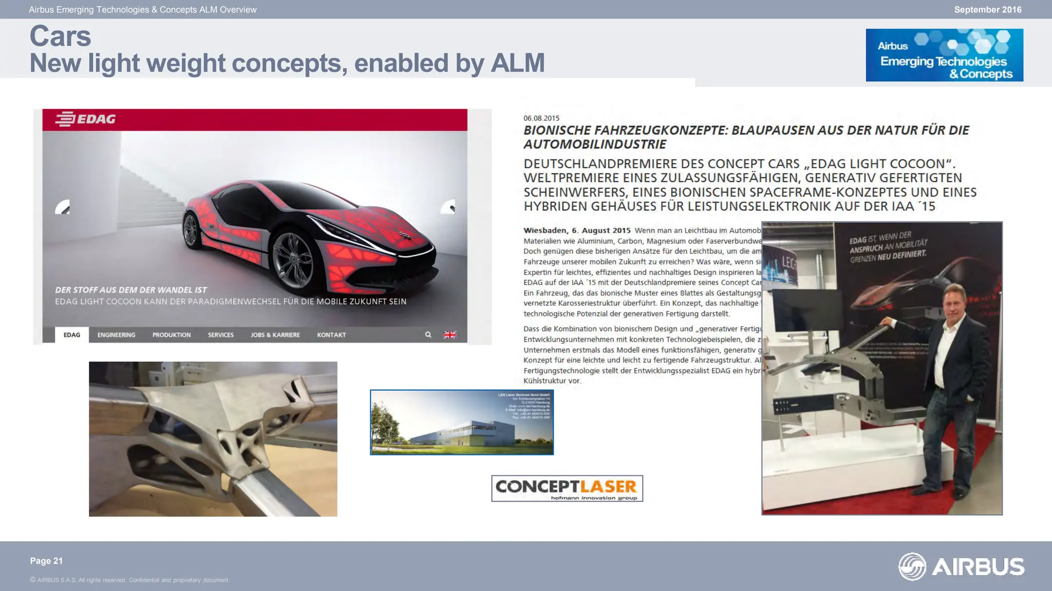 © AIRBUS S.A.S. All rights reserved. Confidential and proprietary document.
Cars
New light weight concepts, enabled by ALM
September 2016
Airbus Emerging Technologies & Concepts ALM Overview
Page 21
 