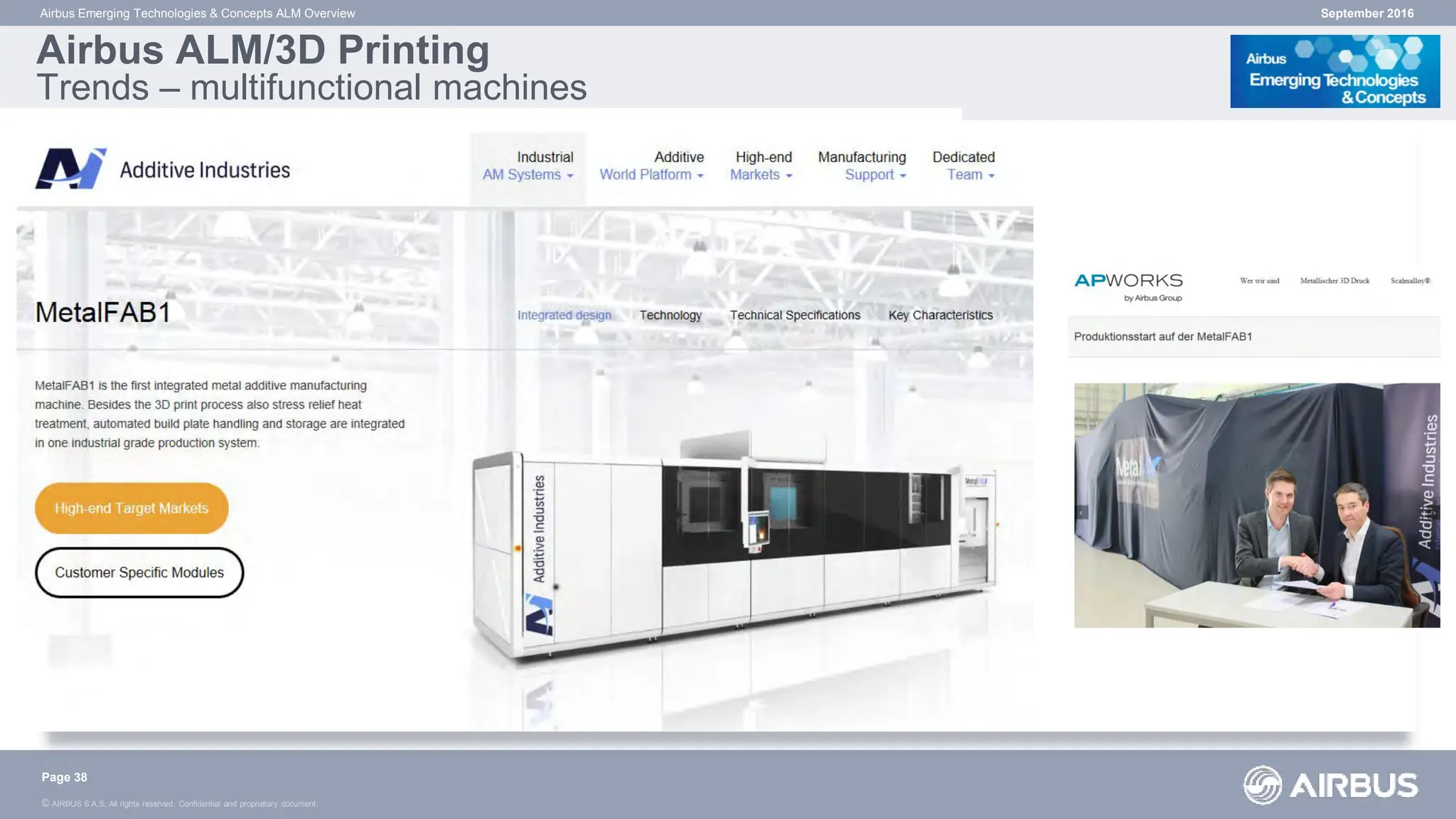 © AIRBUS S.A.S. All rights reserved. Confidential and proprietary document.
September 2016
Airbus Emerging Technologies & Concepts ALM Overview
Airbus ALM/3D Printing
Trends – multifunctional machines
Page 38
 