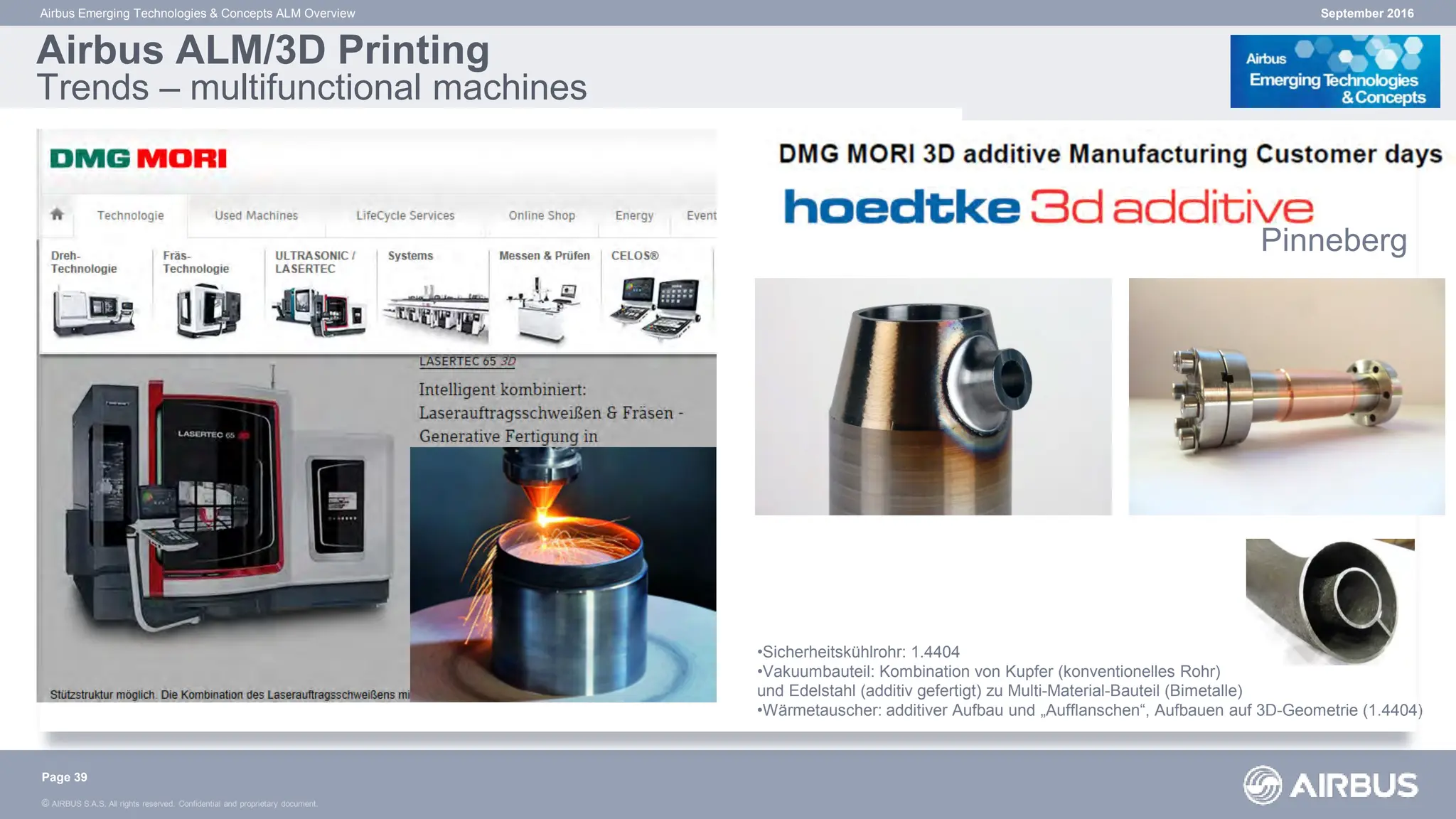 © AIRBUS S.A.S. All rights reserved. Confidential and proprietary document.
September 2016
Airbus Emerging Technologies & Concepts ALM Overview
Airbus ALM/3D Printing
Trends – multifunctional machines
Page 39
Pinneberg
•Sicherheitskühlrohr: 1.4404
•Vakuumbauteil: Kombination von Kupfer (konventionelles Rohr)
und Edelstahl (additiv gefertigt) zu Multi-Material-Bauteil (Bimetalle)
•Wärmetauscher: additiver Aufbau und „Aufflanschen“, Aufbauen auf 3D-Geometrie (1.4404)
 
