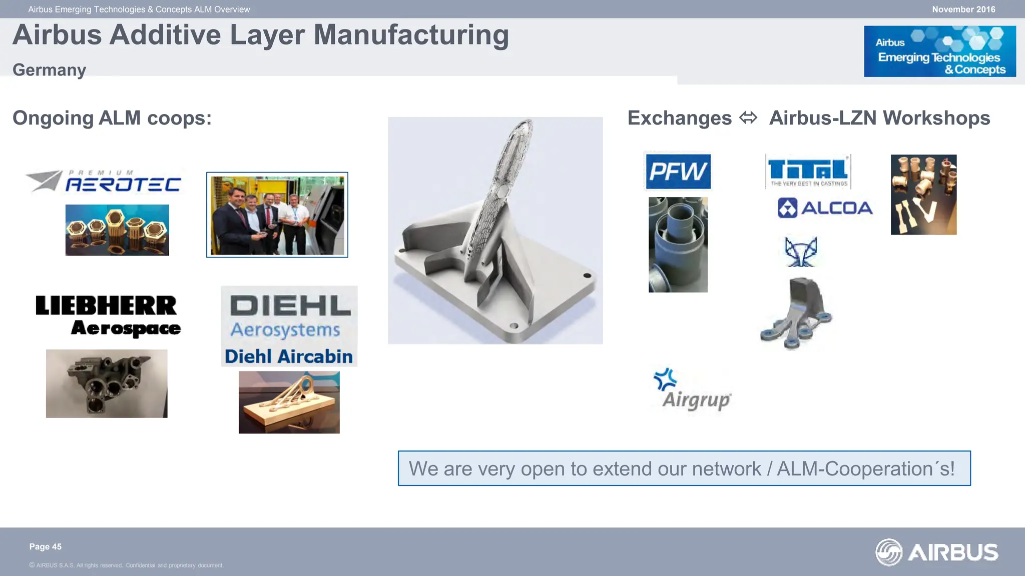 © AIRBUS S.A.S. All rights reserved. Confidential and proprietary document.
November 2016
Airbus Emerging Technologies & Concepts ALM Overview
Airbus Additive Layer Manufacturing
Germany
Ongoing ALM coops: Exchanges  Airbus-LZN Workshops
Page 45
We are very open to extend our network / ALM-Cooperation´s!
 