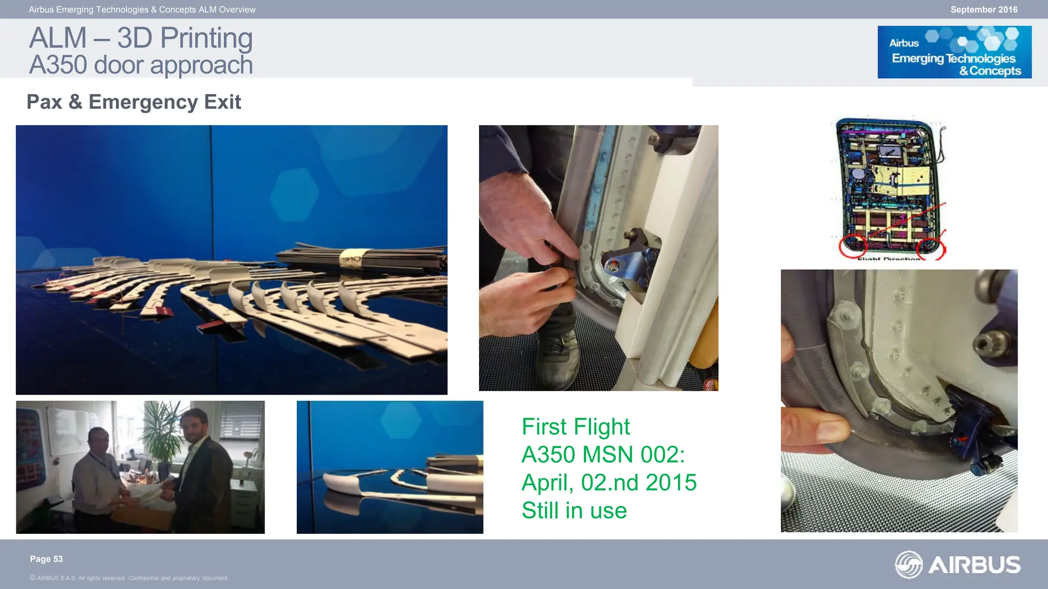 © AIRBUS S.A.S. All rights reserved. Confidential and proprietary document.
September 2016
Airbus Emerging Technologies & Concepts ALM Overview
Pax & Emergency Exit
ALM – 3D Printing
A350 door approach
Page 53
First Flight
A350 MSN 002:
April, 02.nd 2015
Still in use
 