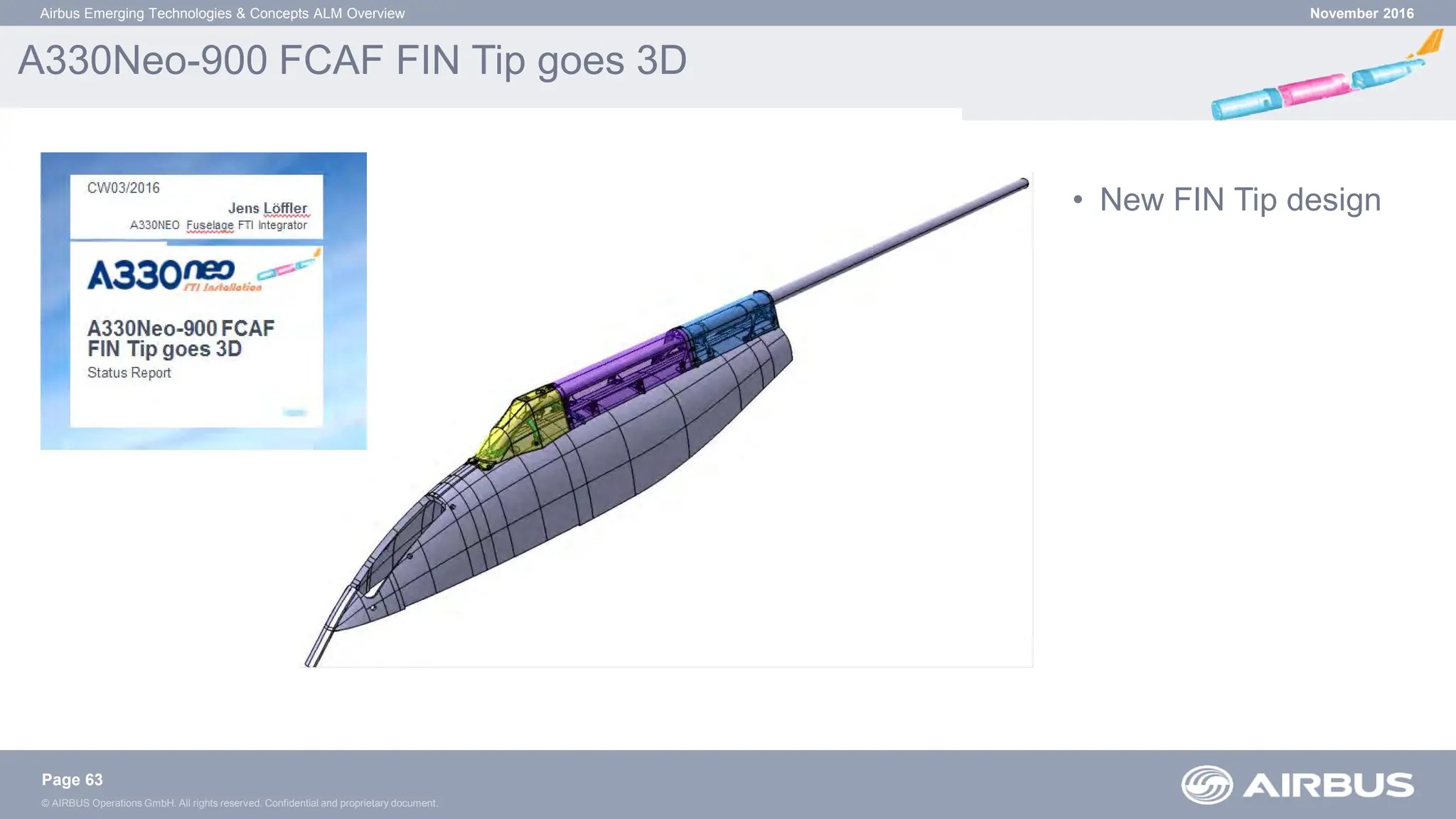 © AIRBUS Operations GmbH. All rights reserved. Confidential and proprietary document.
A330Neo-900 FCAF FIN Tip goes 3D
November 2016
Airbus Emerging Technologies & Concepts ALM Overview
• New FIN Tip design
Page 63
 