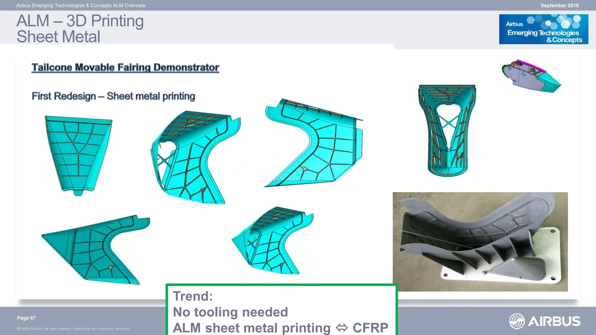 © AIRBUS S.A.S. All rights reserved. Confidential and proprietary document.
September 2016
Airbus Emerging Technologies & Concepts ALM Overview
Trend:
No tooling needed
ALM sheet metal printing  CFRP
ALM – 3D Printing
Sheet Metal
Page 67
 