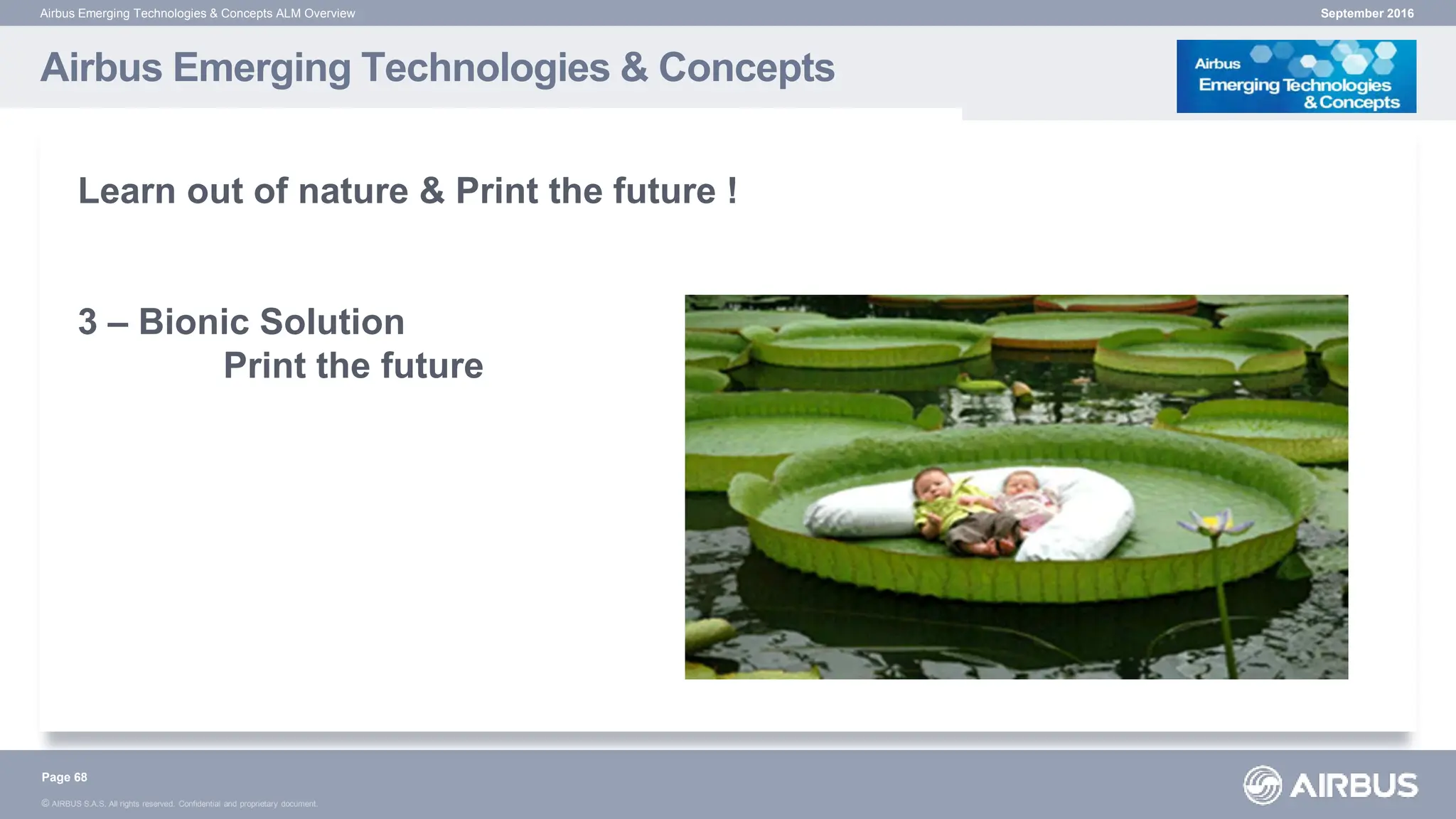© AIRBUS S.A.S. All rights reserved. Confidential and proprietary document.
Airbus Emerging Technologies & Concepts
September 2016
Airbus Emerging Technologies & Concepts ALM Overview
Page 68
Learn out of nature & Print the future !
3 – Bionic Solution
Print the future
 