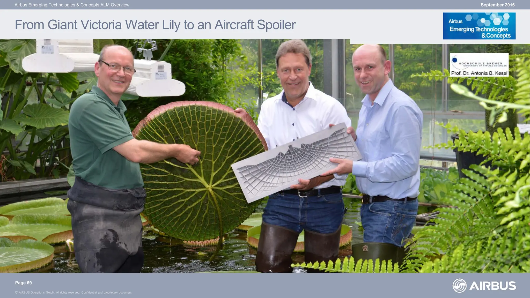 © AIRBUS S.A.S. All rights reserved. Confidential and proprietary document.
© AIRBUS Operations GmbH. All rights reserved. Confidential and proprietary document.
From Giant Victoria Water Lily to an Aircraft Spoiler
September 2016
Airbus Emerging Technologies & Concepts ALM Overview
Page 69
 