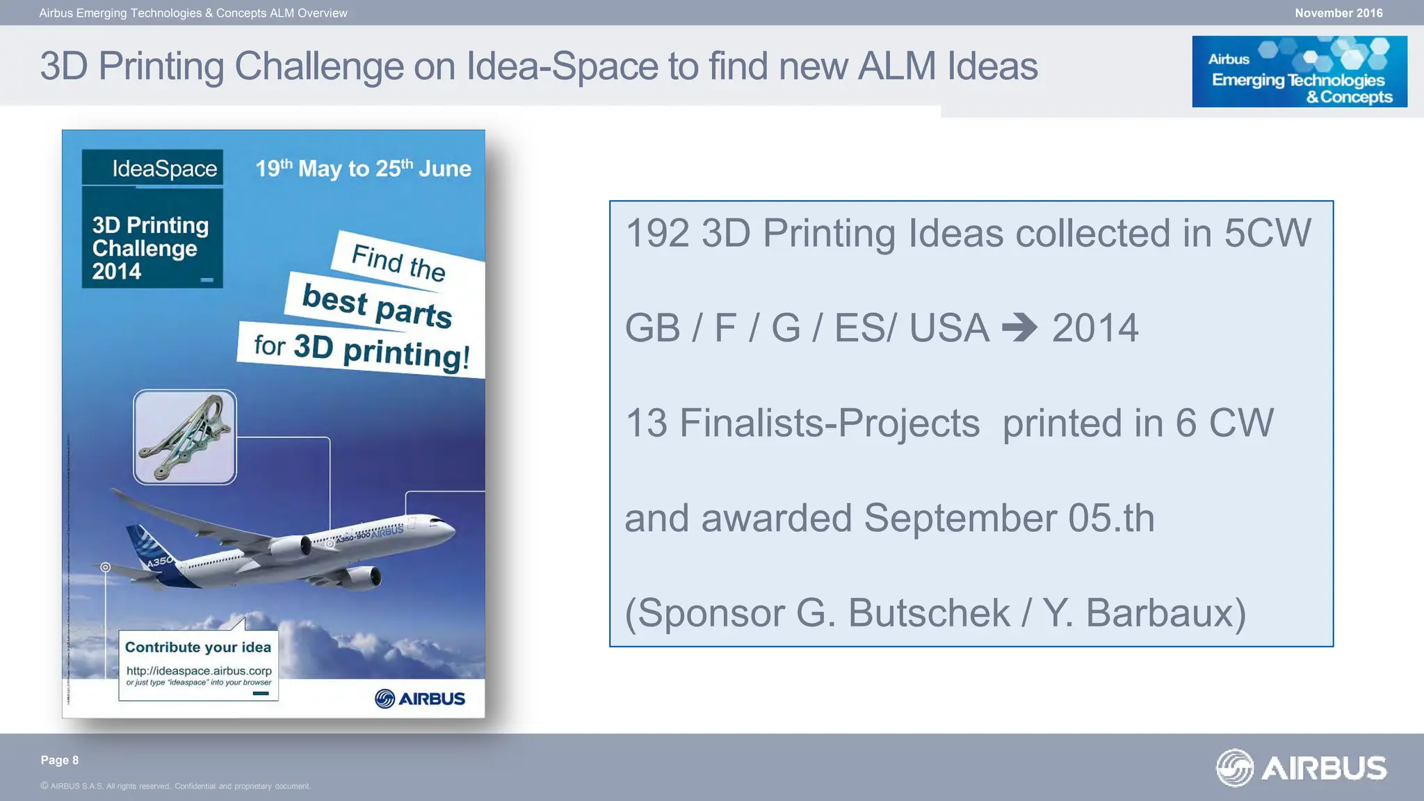 © AIRBUS S.A.S. All rights reserved. Confidential and proprietary document.
3D Printing Challenge on Idea-Space to find new ALM Ideas
November 2016
Airbus Emerging Technologies & Concepts ALM Overview
192 3D Printing Ideas collected in 5CW
GB / F / G / ES/ USA  2014
13 Finalists-Projects printed in 6 CW
and awarded September 05.th
(Sponsor G. Butschek / Y. Barbaux)
Page 8
 