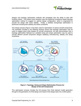 www.altairproductdesign.com




designs and topology optimisation methods still completely lack the ability to deal with
buckling criteria. The present work therefore uses the traditional compliance based topology
optimisation method to suggest an optimal design configuration, which is engineered to
provide the design with some stability. Finally, a detailed sizing/shape optimisation is
performed including both stability and stress constraints.

This design process (Figure 1) has been used for optimisation of various aircraft components.
The examples included in the following sections shows how topology optimisation may be
used to suggest good initial designs for aircraft components, but also demonstrates how a
topology optimisation followed by a detailed sizing and shape optimisation may be used to
provide efficient aircraft component designs satisfying manufacturing, stability and stress
constraints.




              Figure 1: Topology, Sizing and Shape Optimisation Process for
                              Design of Aircraft Components

This optimisation process includes the full process from finite element model generation
through to the generation of a final design and import of this design back into a CAD system.




Copyright Altair Engineering, Inc., 2011                                                   3
 